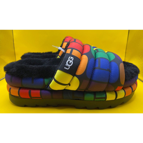 Ugg Real Lamb Fur Maxi Pride Slide Rainbow Logo Slip On Sandals Women's Size 7 - Picture 1 of 11